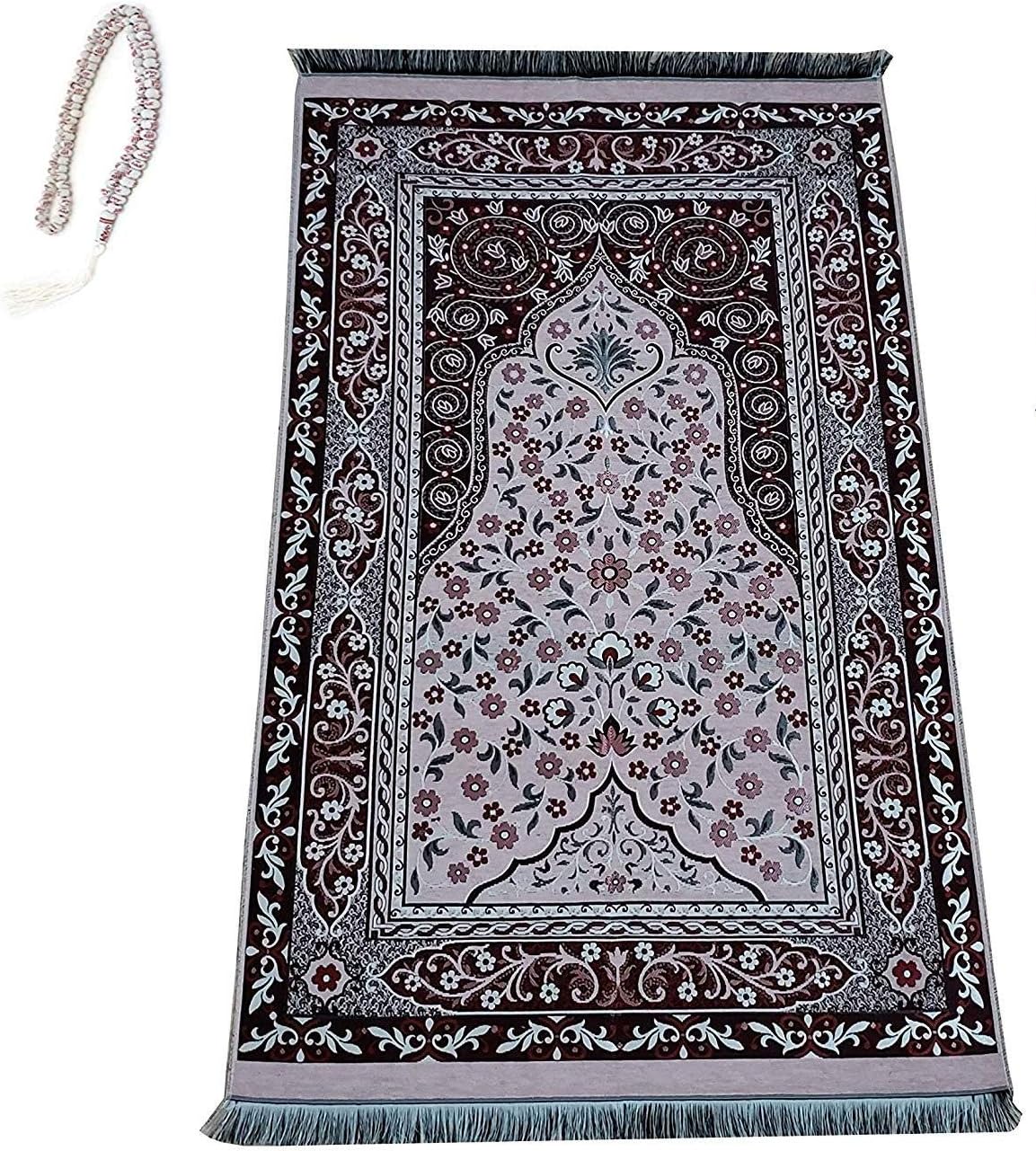 GURJHON Turkish Prayer Rug with 99 Beads Muhammad Allah TASBIH, Zikir, Haj, Tasbeeh, Subha, Misbaha Beads (TASLI) (Pink)