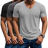Riyiper 3 Pack Men's Short Sleeve V Neck T-Shirts Raglan Curved Hem Shirts Casual Basic Tops Soft Summer Stretchy Tees