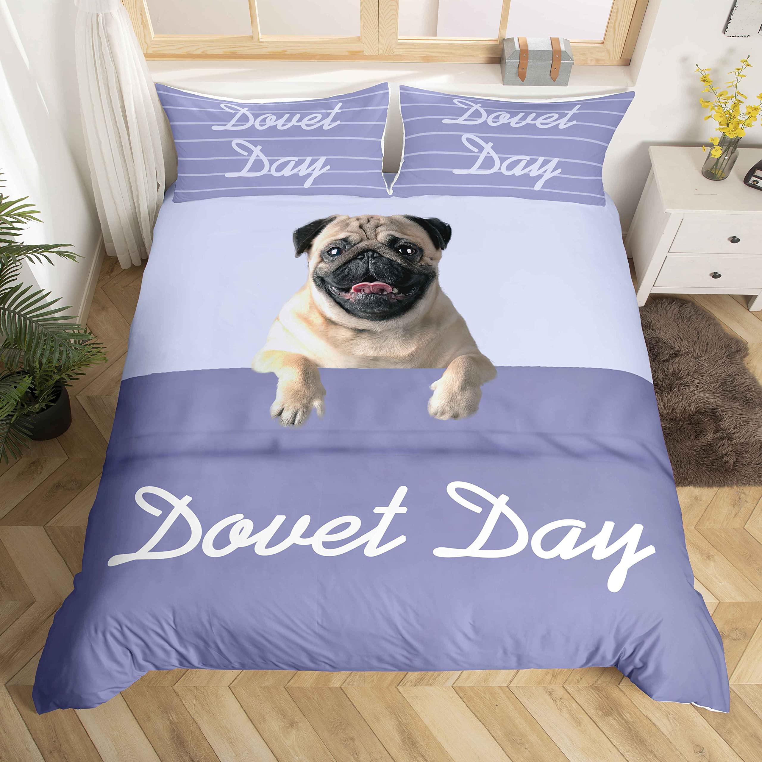 Cute Pug Dog Duvet Cover Hippie Pug Puppy Bedding Set Kawaii Animal Comforter Cover for Boys Girls Cartoon Pet Dog Bedspread Cover Super King Size — image 1