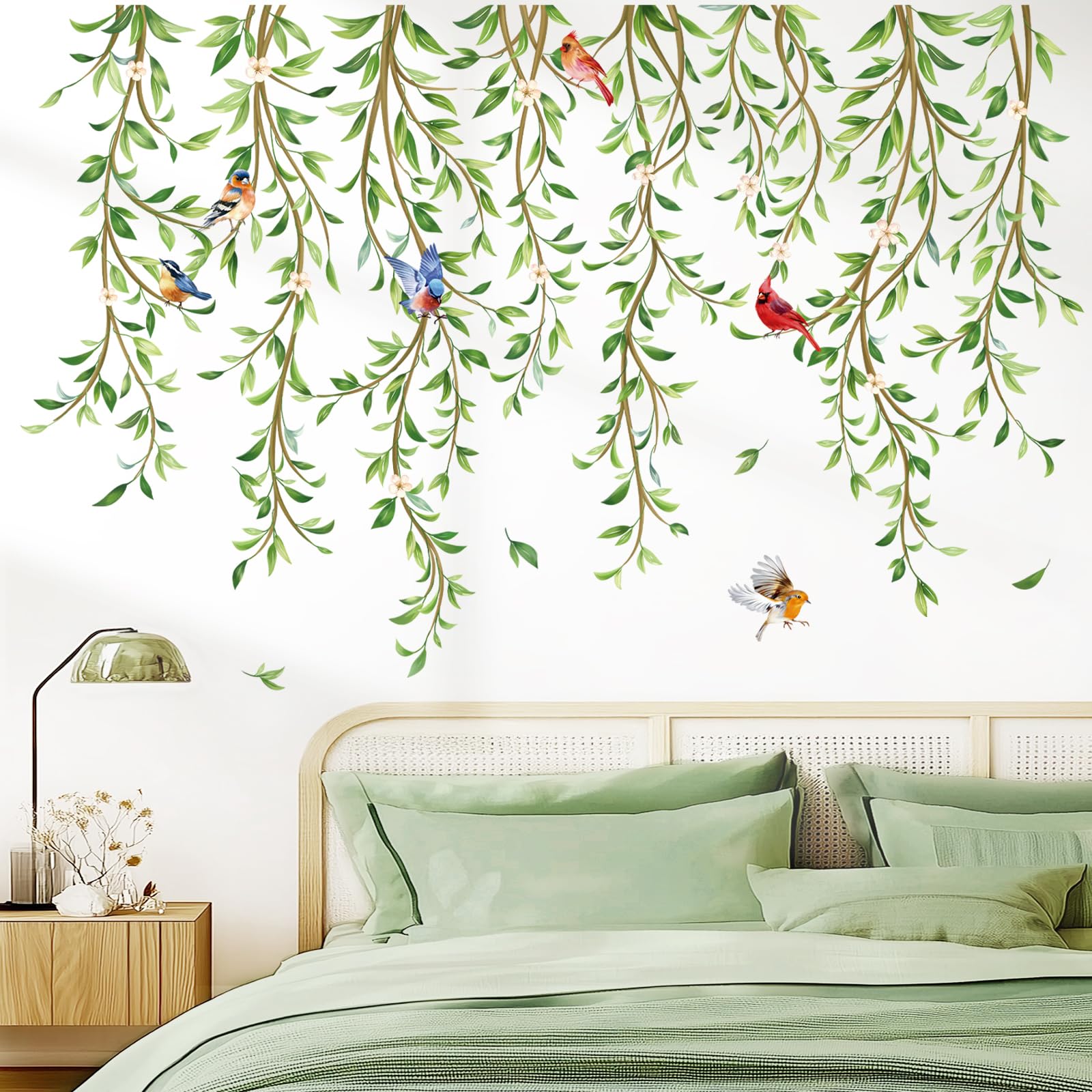 wondever Hanging Green Vine Wall Stickers Plants Leaves White Floral Birds Peel and Stick Wall Art Decals for Bedroom Living Room Sofa