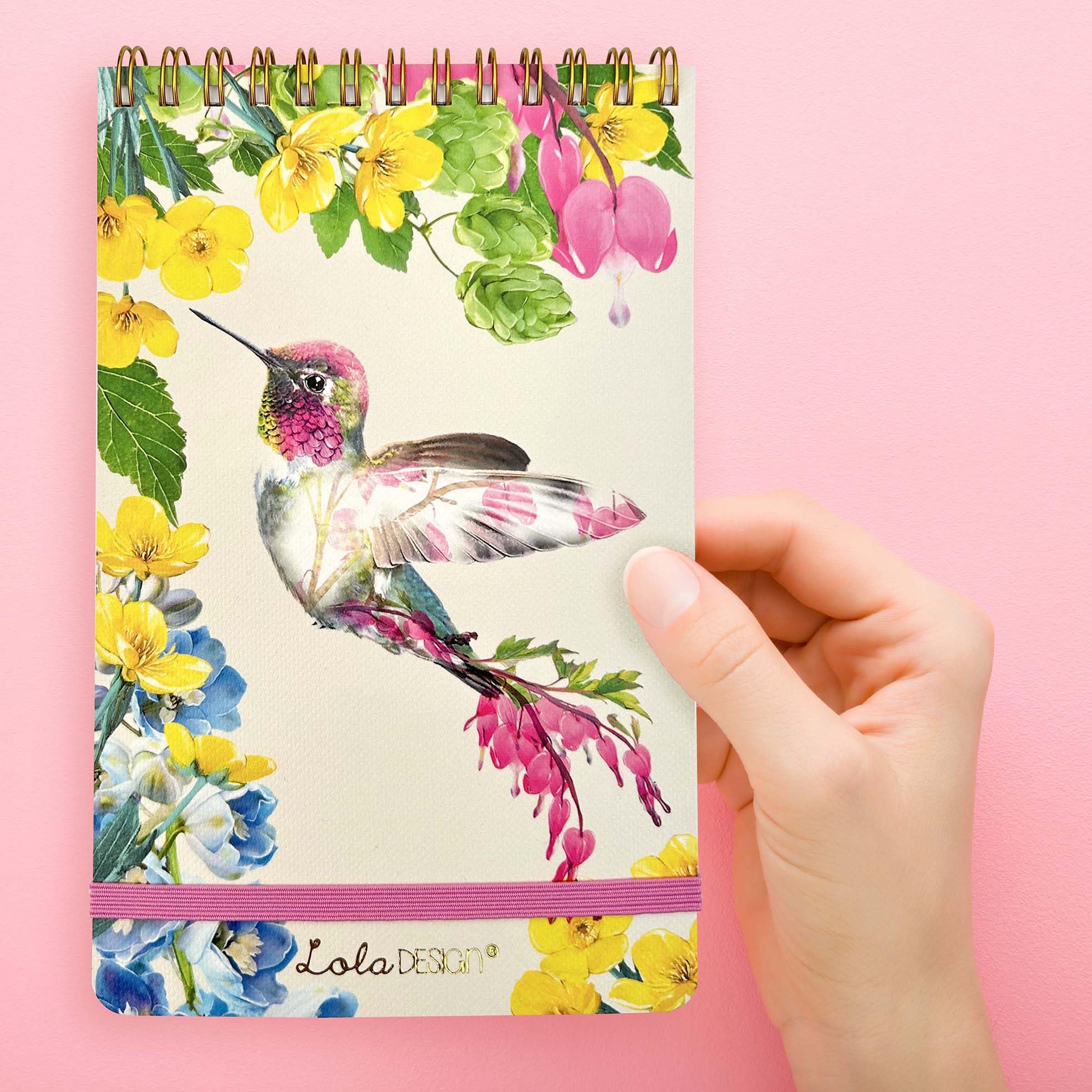 Lola Design - Top Spiral Notepad with Elastic Closure, Hummingbird Design - Perfect for Jotting Down Notes, Shopping Lists, Reminders - 185x120x10mm, 150 Tear-off Pages — image 1
