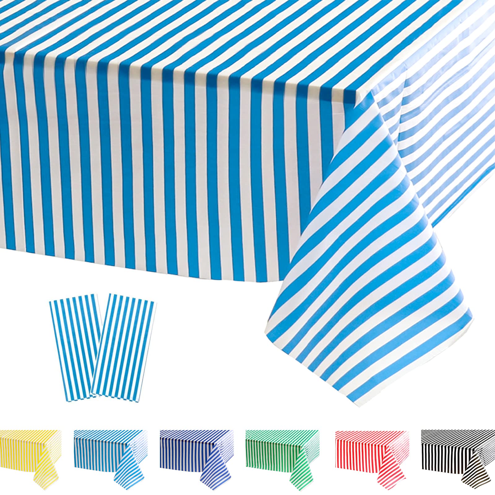 POPOYU 2Pcs Blue Stripe Table Cloth,Blue and White Table Covers,137*274cm Birthday Party Rectangular Dining Table Cover Tablecovers Plastic Tablecloths for Picnic,Christmas,Birthday Party Decoration