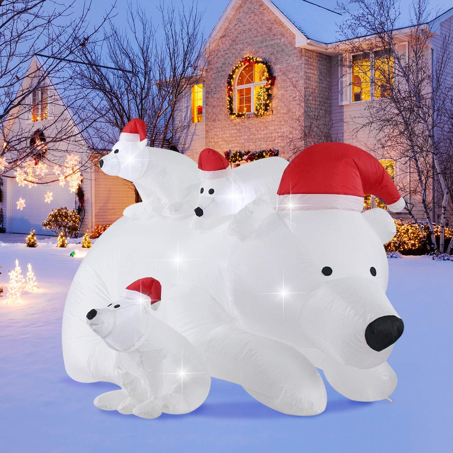Fanshunlite Christmas Inflatable 6 FT Momma Polar Bear 3 Cubs Santa Hat,LED Lighted Blow-Up Yard Party Decoration Xmas Inflatable Outdoor Indoor Home Garden Family Prop Yard