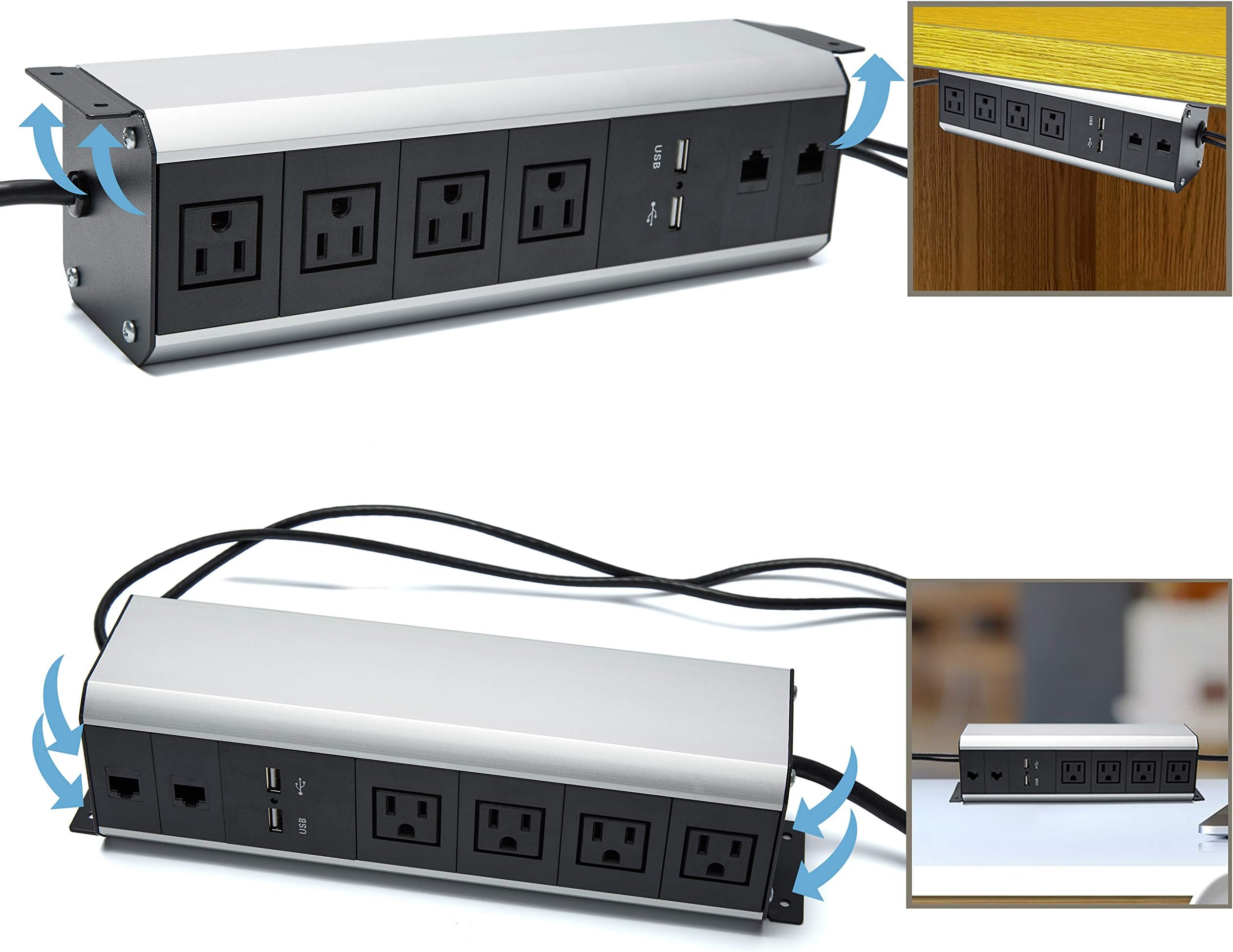 Kungfuking 4-Outlet Surge Protector Power Strip with 2 USB Charging Ports and 2 RJ45 Ports, Desk Mountable, Mount Under The Desk Charging Station for Multi-Devices, Home/Office/Workbech Power Center