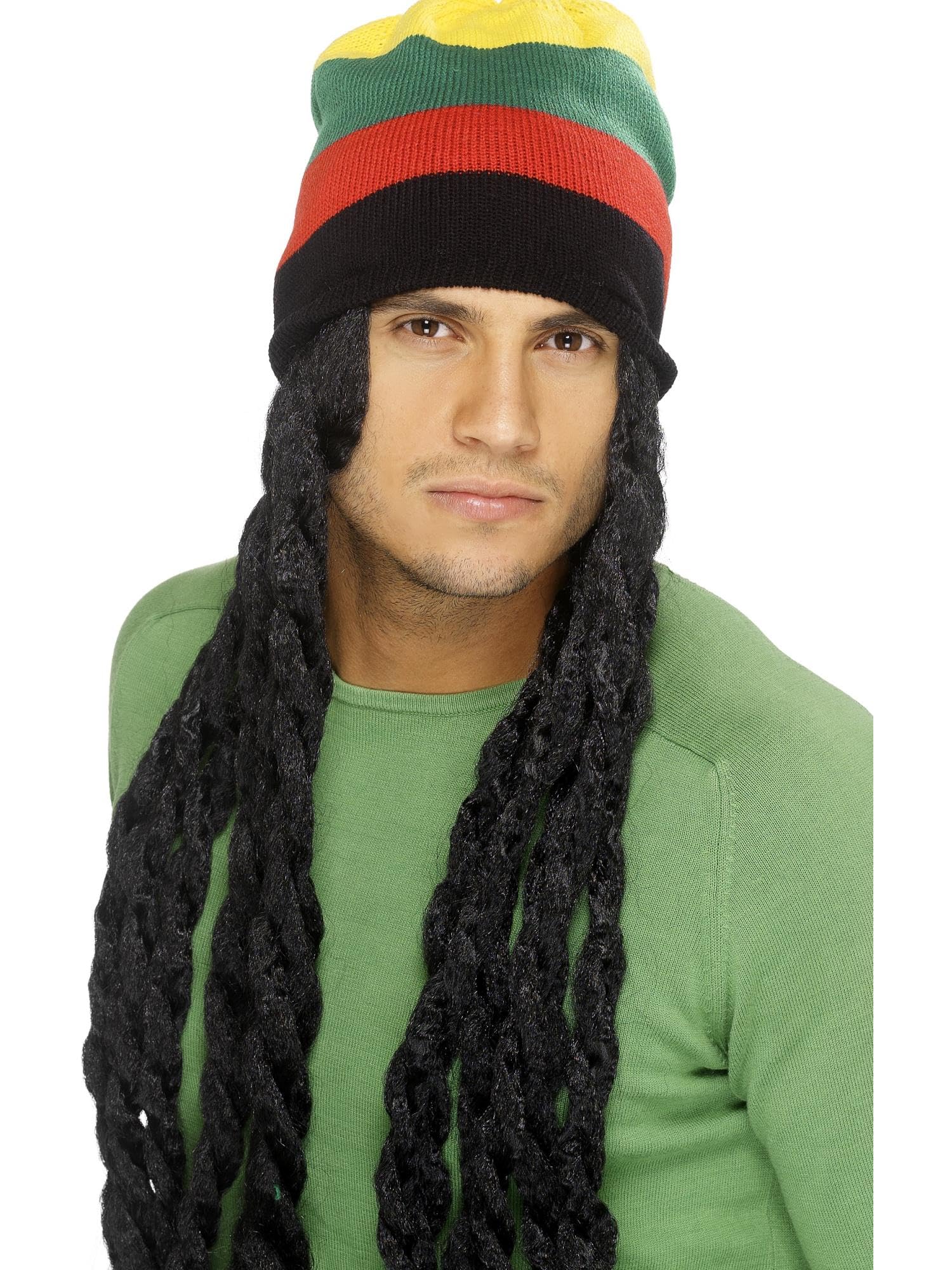 Smiffys Rasta Hat, Black with Long Deadlocks, Hawaiian Luau Fancy Dress, Adult Dress Up Wigs