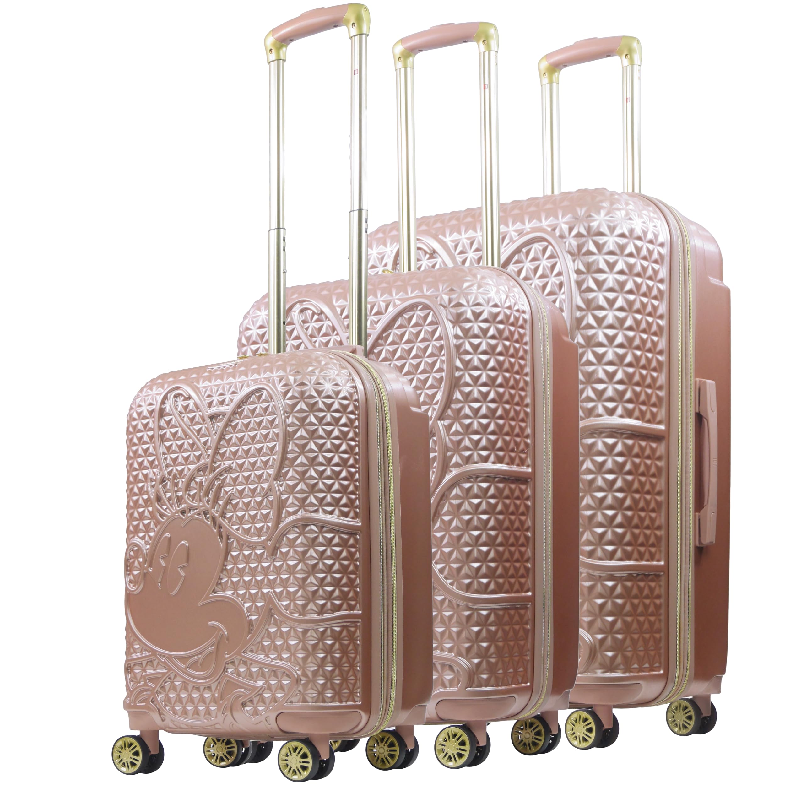 FUL Disney Minnie Mouse Rolling Luggage, Textured Hardshell Suitcase with Wheels, Rose Gold, 3 Piece Set