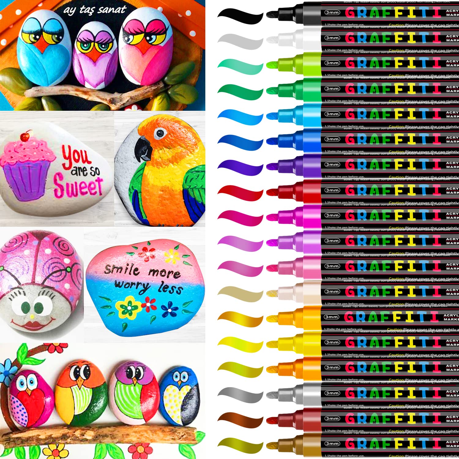 RATEL Acrylic Paint Pens, 18 Colours Marker Pen Premium Waterproof Permanent Art Painting Set for Rock Painting, DIY, Ceramic, Glass, Canvas Medium Tip