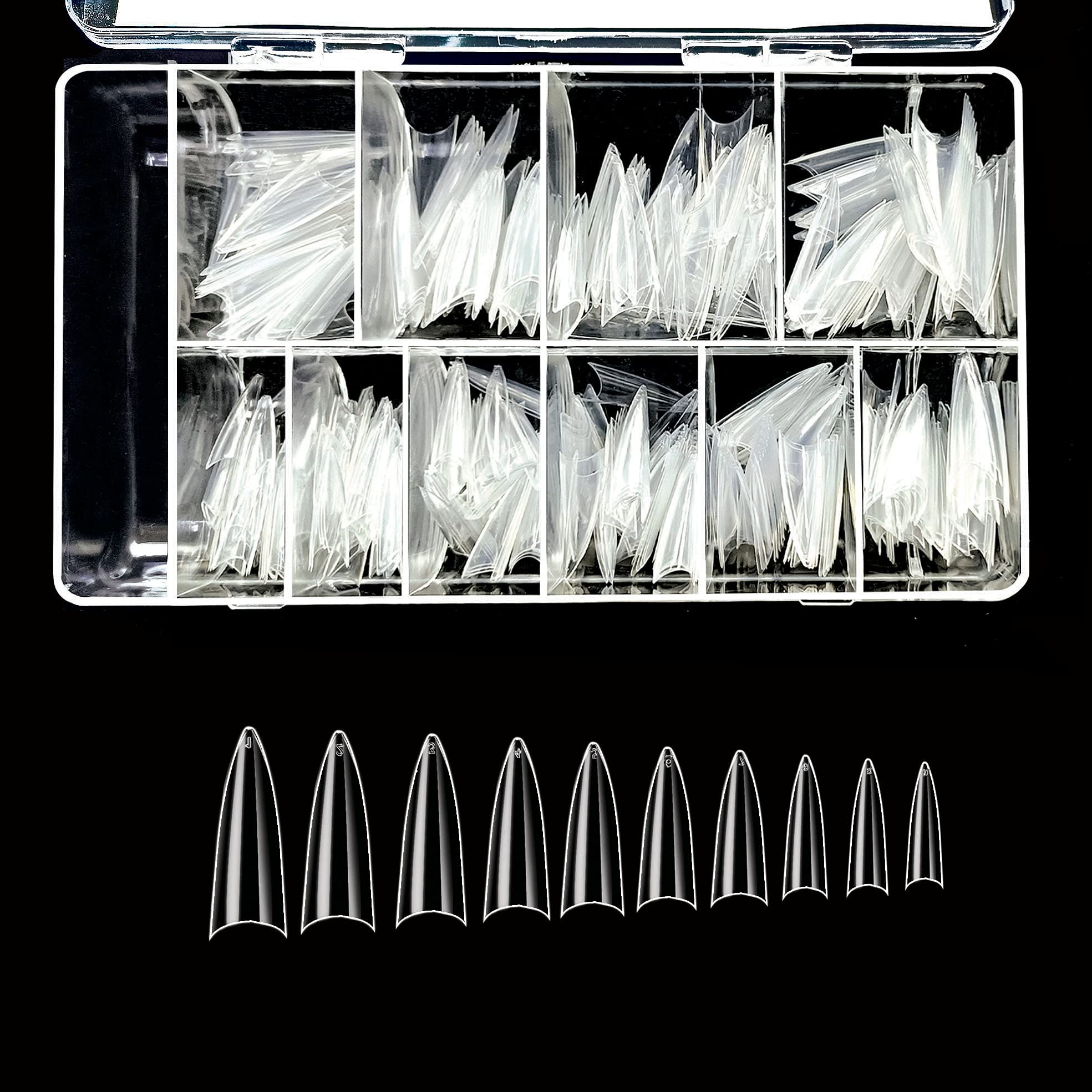 VIVACE Clear Stiletto 500 Acrylic False Fake Gel Nail Tips With Clear Plastic Case for Nail Salon Nail Shop (Clear Stiletto)