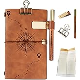 InnoBeta Refillable Leather Travel Journal Travelers Notebook 7.87 x 4.7 Cover, 4 x 7.5 Pages (Inches), Travel Diary with 6 Inserts, Pen Holder and Binder Clip, Journal for Men Women, Compass