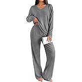 Ekouaer Lounge Sets for Women Long Sleeve Knit Ribbed Pajama Sets 2 Piece Casual Loungewear with Pockets