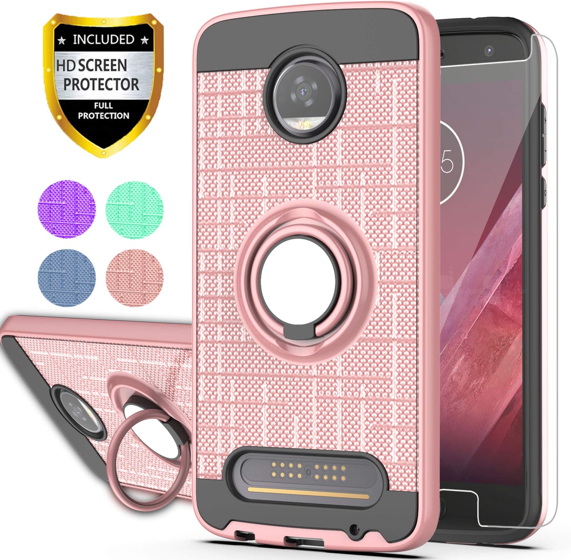 Moto Z Play/Moto Z Play Droid Case with HD Phone Screen Protector,Ymhxcy 360 Degree Rotating Ring & Bracket Dual Layer Resistant Back Cover for Motorola Moto Z Play Droid(2016)-ZH Rose Gold