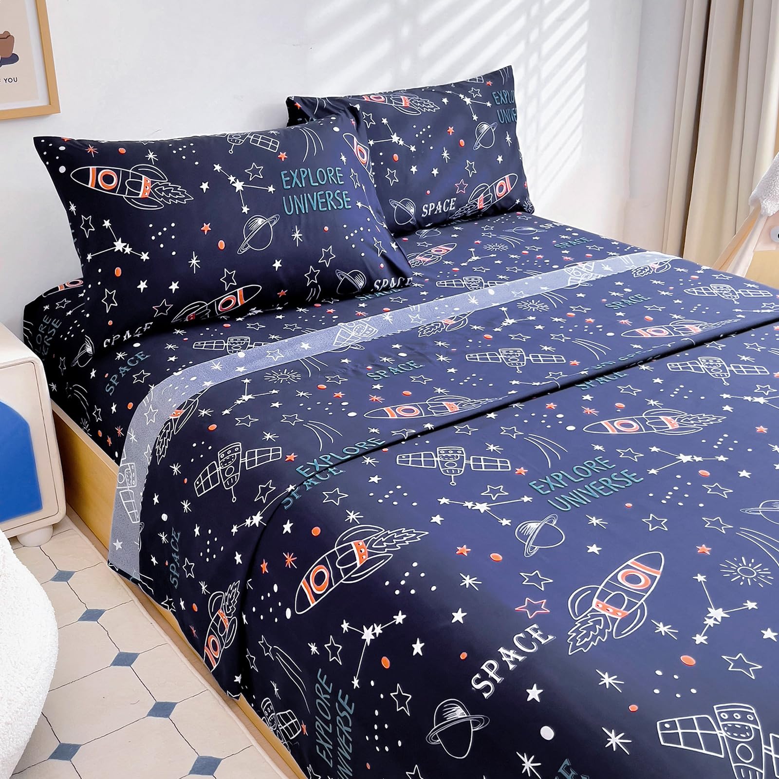 Photo 1 of Homilay Full Sheets Set Kids - 4 Pieces Space Rocket Universe Navy Sheets for Boys, Girls, Teens, Toddler, Easy Fit Deep Pockets, Breathable, Wrinkle-Free, Cozy Soft Cartoon Print Cute Bed Sheets