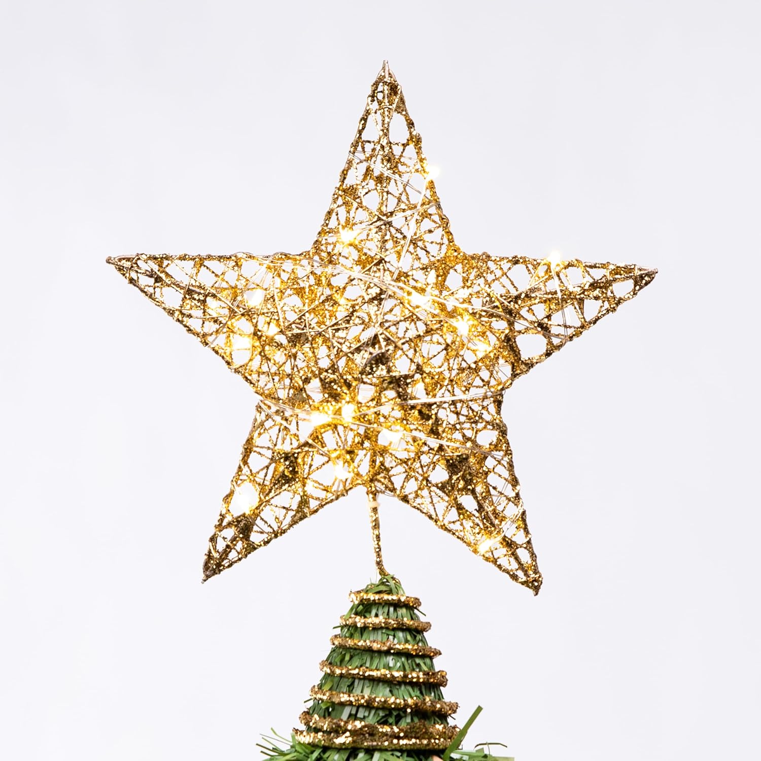 Tree Toppers - Joiedomi 8 inch Christmas Gold Glitter Star Tree Toppers Metal Lighted with 20 LED Lights for Xmas Decorations, Holiday Party Indoor Decor