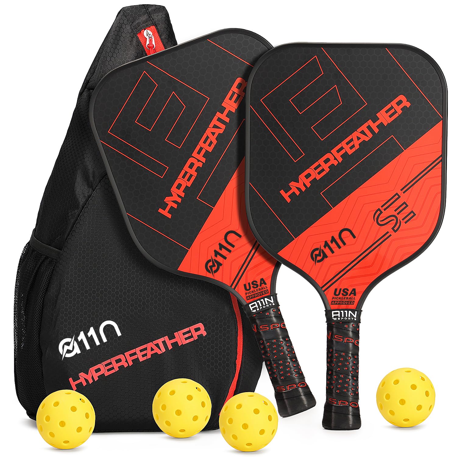 Photo 1 of A11N Pickleball Paddles Set of 2 - USAPA Approved | 8OZ, Graphite Face & Polymer Core, Cushion Grip | 4 Balls, 1 Sling Bag, Red
