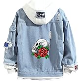Lpstop Novelty Skull Print Denim Jacket Y2K Skull Denim Hoodie Long Sleeve Washed Denim Jacket for Teen Adult
