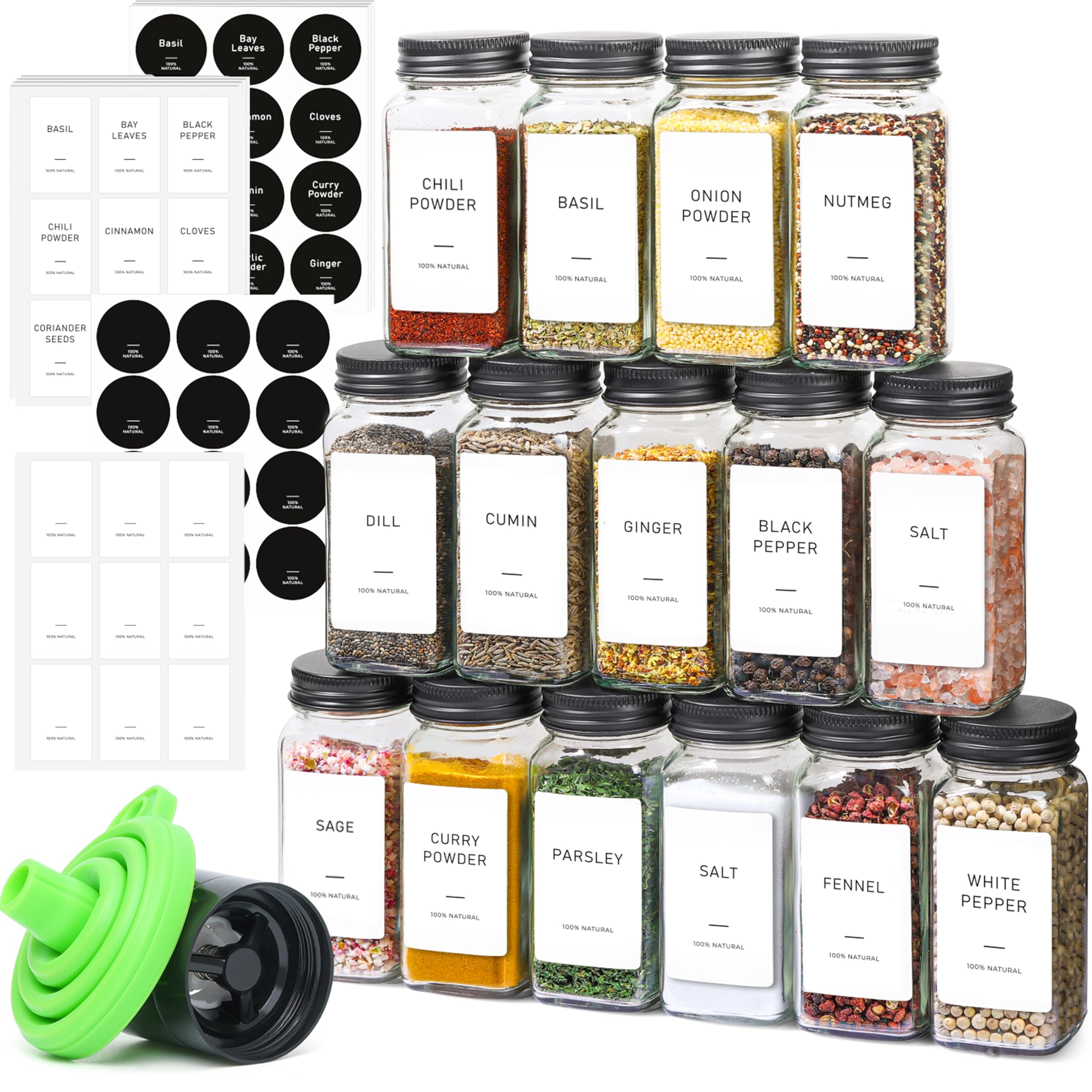 ComSaf 15Pcs 120ml Glass Spice Jars with Shaker Lids and Labels, a Handy Funnel, a Pepper Grinder, Empty Spice Containers and Square Spice Bottles for Kitchen and Seasoning