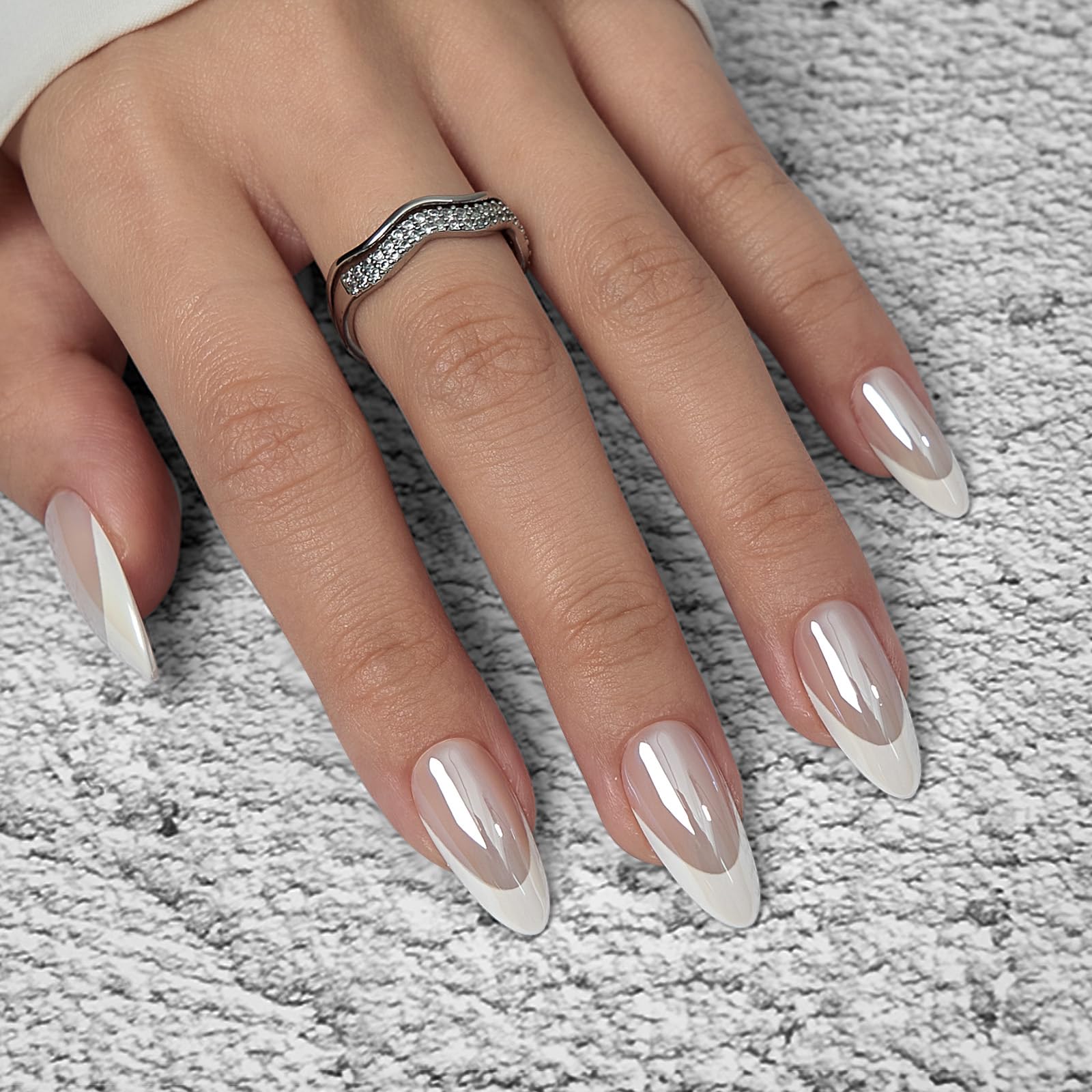 BTArtbox Press On Nails Almond - Chrome French Tip Press on Nails, White Glue On Nails for Gifts, Natural Reusable Glazed Stick On Nails in 15 Sizes - 30 Fake Nails Kit, White Swan - Image 4