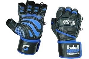 GRIP POWER PADS Elite Leather Gym Gloves with Built in 2" Wide Wrist Wraps Grip & Design for Weightlifting Power Lifting Bodybuilding & Strength Training Workout Exercises