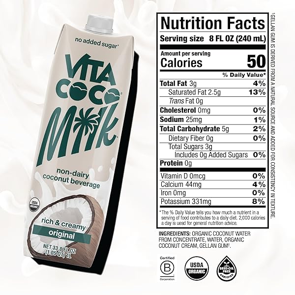 VITA COCO ORIGINAL ORGANIC COCONUT MILK, PLANT BASED, DAIRY FREE MILK ALTERNATIVE – GLUTEN FREE, SOY FREE, AND UNSWEETENED, NO ADDED SUGAR – PERFECT ADD TO CEREAL, SMOOTHIES, DESSERTS – 33.8 OUNCE (PACK OF 6)