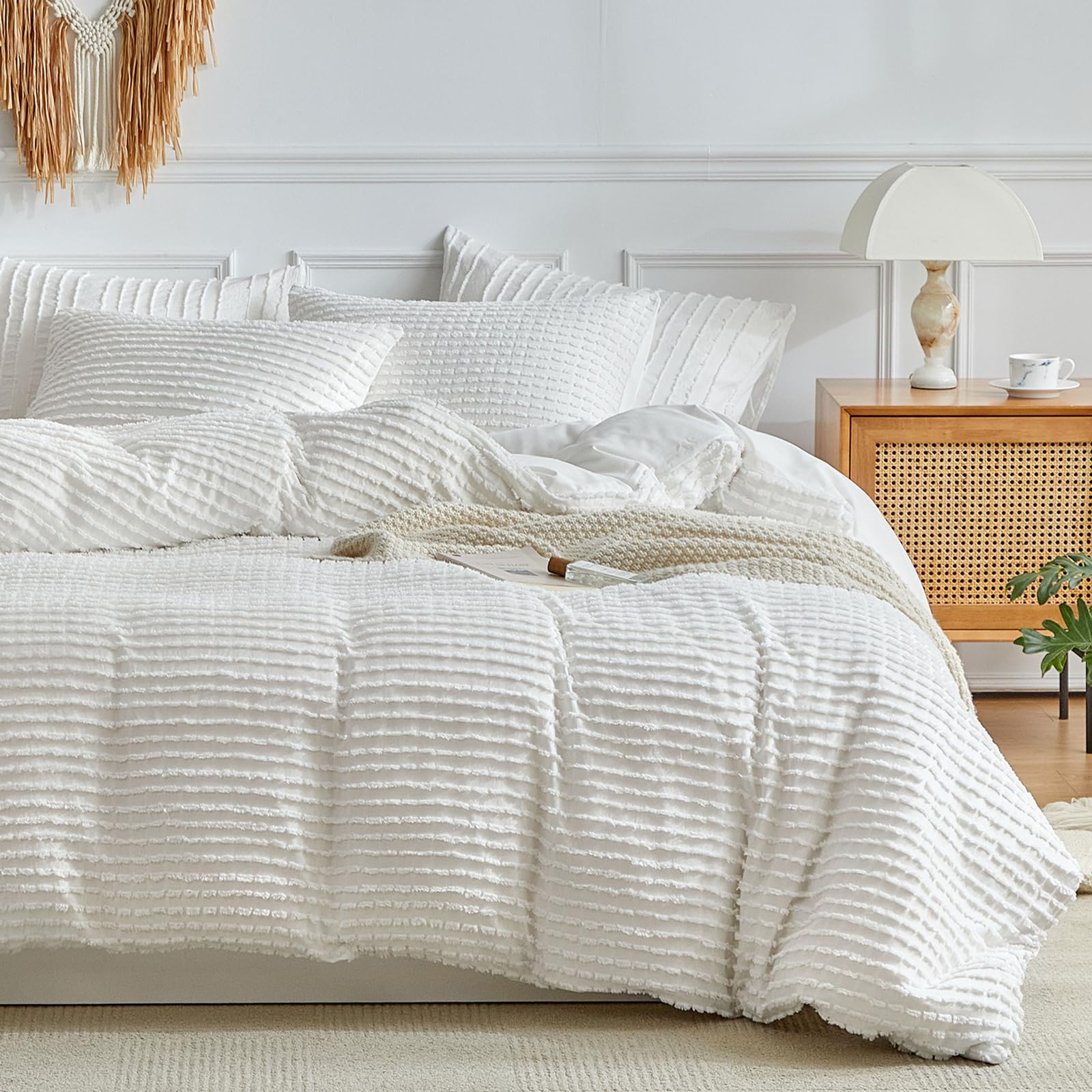 Photo 1 of WARMDERN Boho Duvet Cover Set Queen Size,White Striped Duvet Cover Microfiber Bedding Set,3PCS Ultra Soft Breathable Lightweight Tuft Texture Pattern Duvet Covers with Zipper Closure(White,Queen)