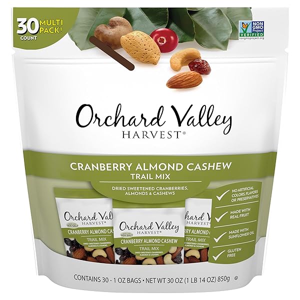 ORCHARD VALLEY HARVEST CRANBERRY ALMOND CASHEW TRAIL MIX, 1 OZ (PACK OF 30), CRANBERRIES, ALMONDS, AND CASHEWS, NON-GMO, NO ARTIFICIAL INGREDIENTS, HEALTHY SNACKS FOR ADULTS