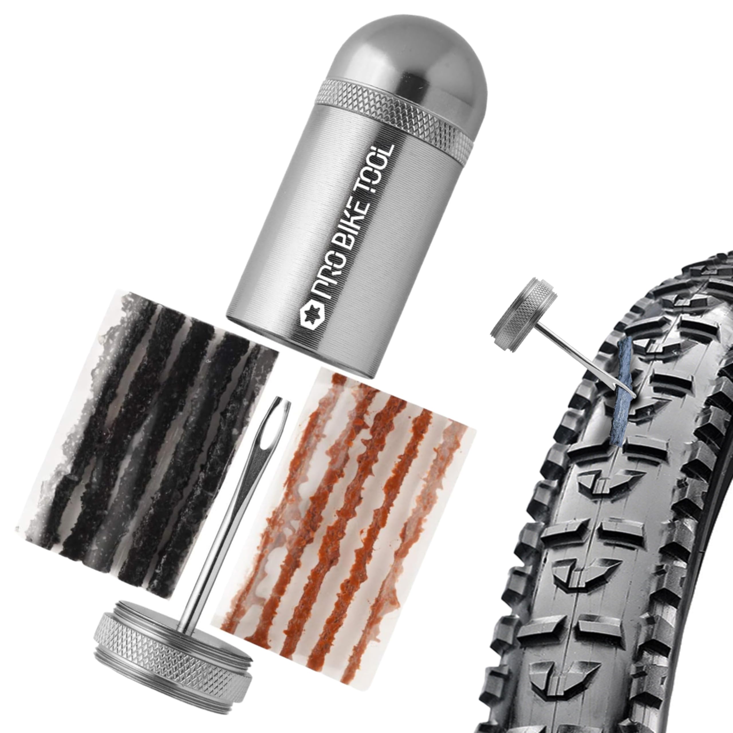 PRO BIKE TOOL Tubeless Bike Tire Repair Kit – for MTB and Road Bicycle Tires – Fix a Puncture or Flat – Tackle Set Includes Storage Canister, Plugger Tool and Plugs - 5 Bacon and 5 Black Strips
