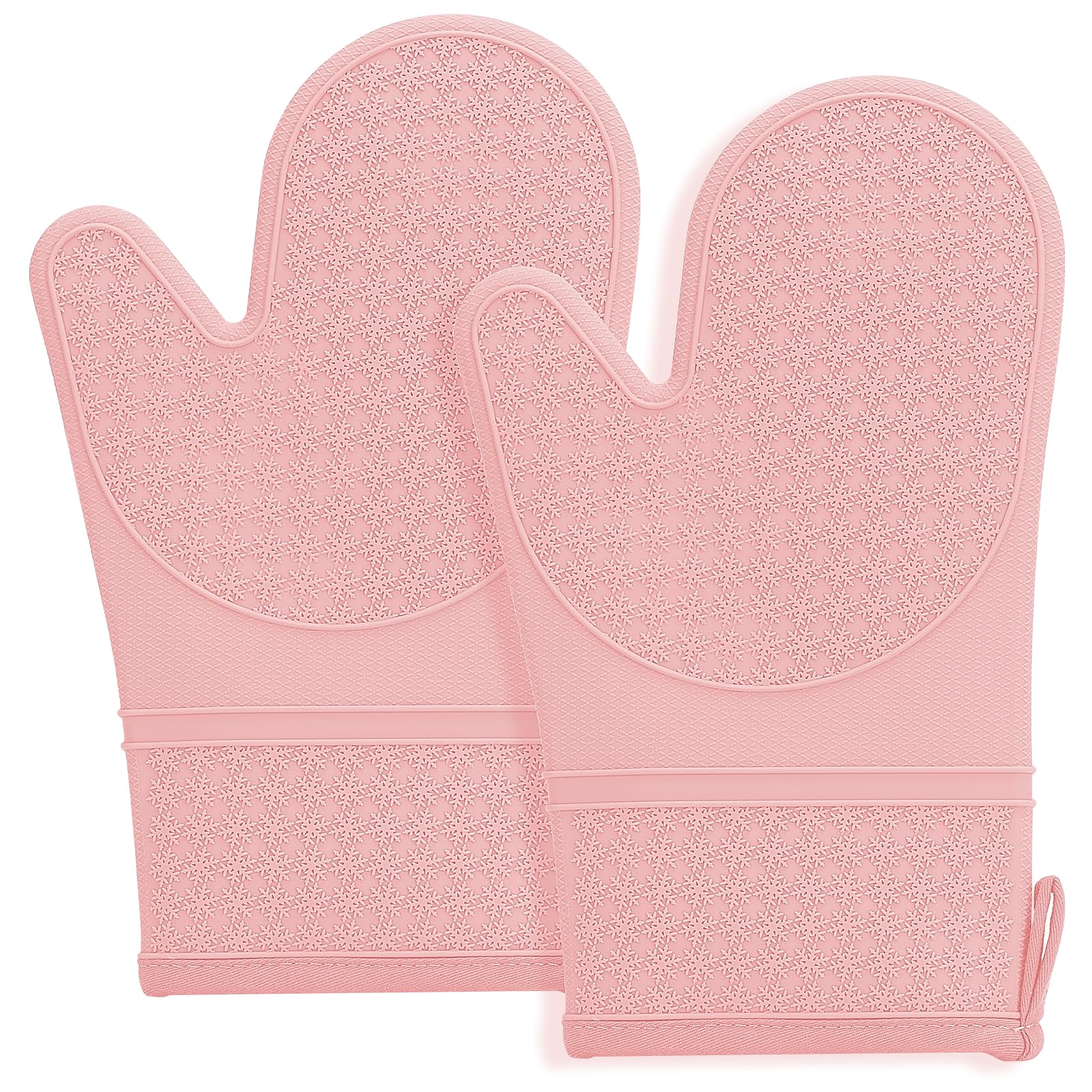 MEETOZ Silicone Oven Mitts, Oven Gloves with Non-Slip Waterproof - 2PCS Pink Oven Mittens Heat Resistant 600 Degree, Soft Lining Silicone Oven Mits for Cooking Baking Kitchen Mitten (Pink)