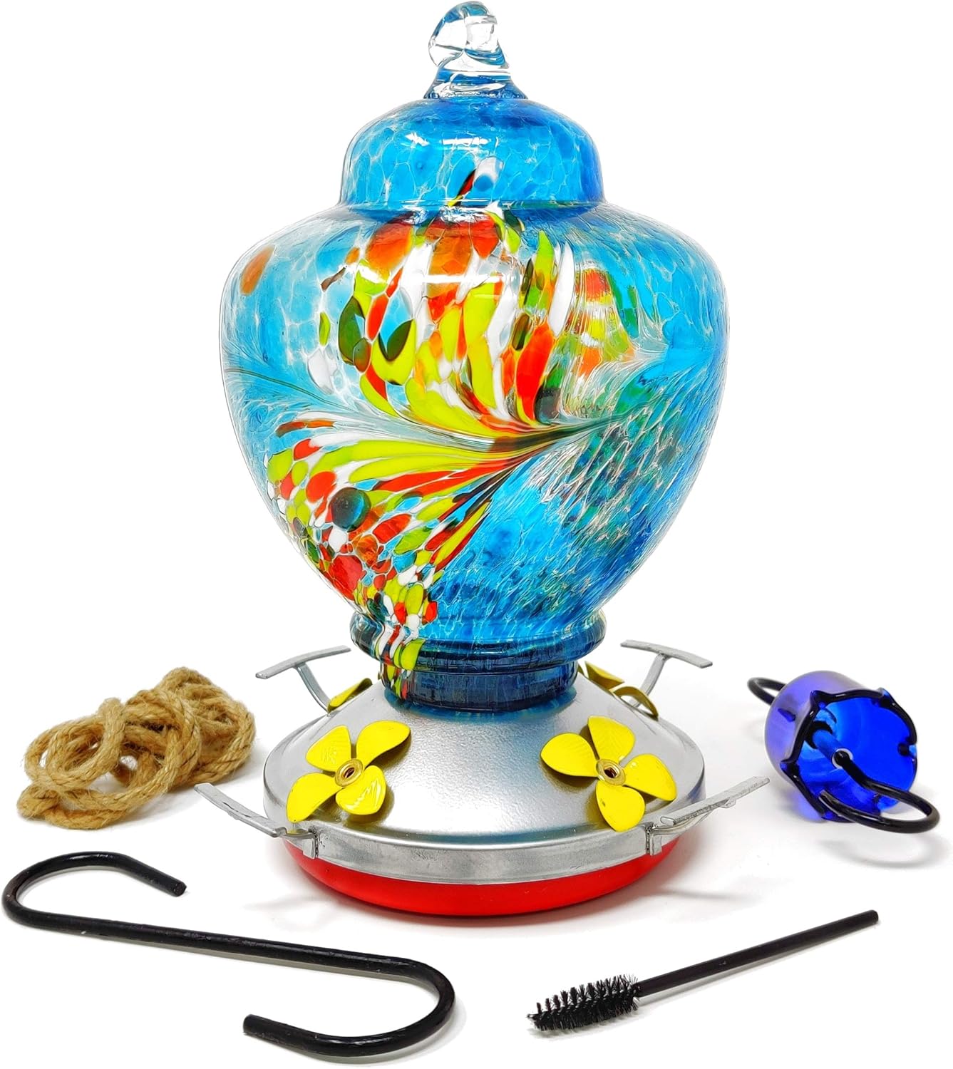 Hummingbird Feeder - HQ Blown Glass - High Capacity Nectar - Vibrant Colors Attract Hummingbirds - Free Mounting Kit (Blue Burst)