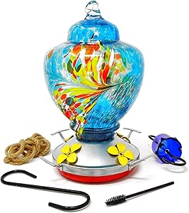 Hummingbird Feeder - HQ Blown Glass - High Capacity Nectar - Vibrant Colors Attract Hummingbirds - Free Mounting Kit (Blue Burst)