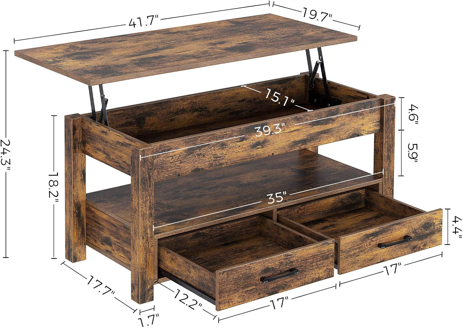 Rolanstar Coffee Table, Lift Top Coffee Table with Drawers and Hidden Compartment, Retro Central Table with Wooden Lift Tabletop, for Living Room, Rustic Brown: Home & Kitchen