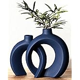 Blue Vase Set of 2 - Donut Navy Vases Home Decor, Modern Coastal Decor - Decorative Vase, Ceramic Decorations for Living Room Coffee Table Bookshelf Shelf Console Mantle (Matte Navy Blue)