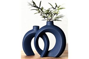 JONRONBOCI Blue Vase Set of 2 - Donut Navy Vases Home Decor, Modern Coastal Decor - Decorative Vase, Ceramic Decorations for Living Room Coffee Table Bookshelf Shelf Console Mantle (Matte Navy Blue)