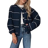 Balimtoy Striped Cardigan Sweaters for Women Trendy Long Sleeve Crewneck Button Up Sweater Fall Winter Outerwear