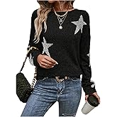 MakeMeChic Women's Star Print Boat Neck Sweater Long Sleeve Lightweight Pullover Top