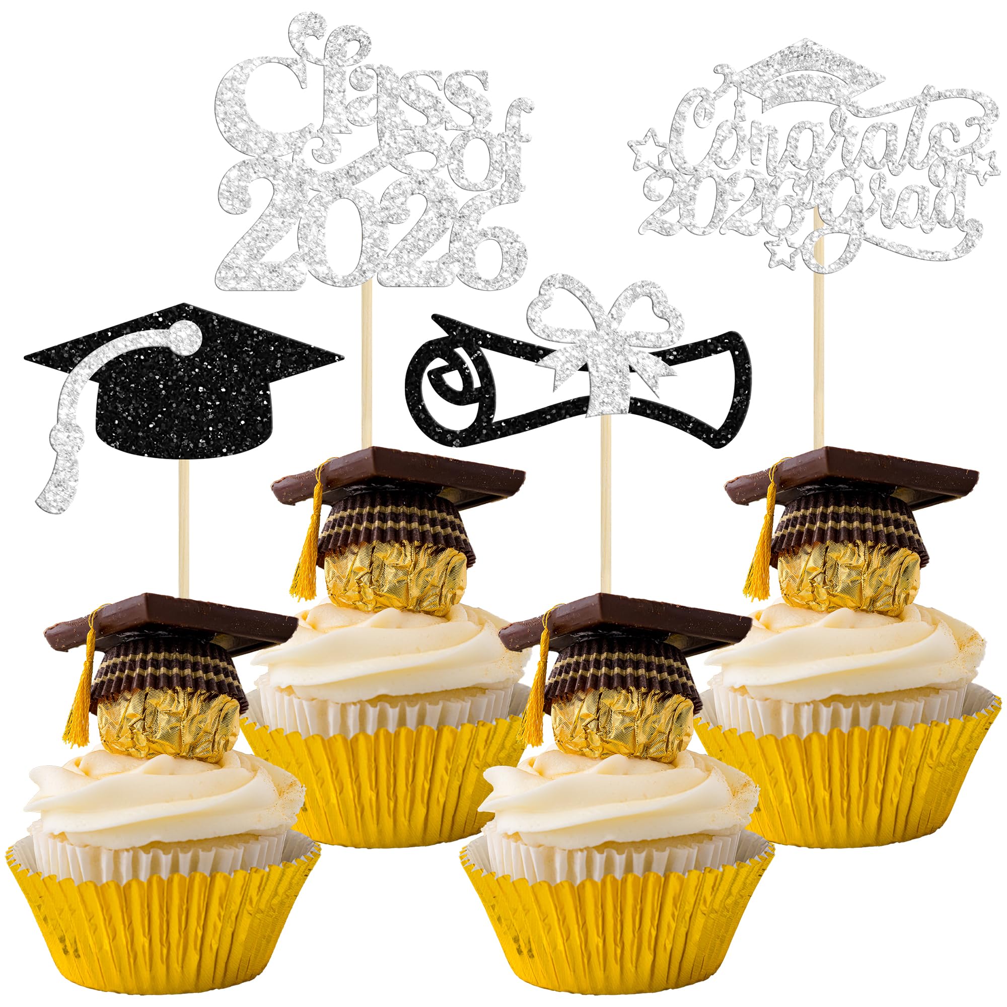 Gyufise 24Pcs 2026 Graduation Cupcake Toppers Glitter Class of 2026 Diploma Congrats Grad 2026 Cake Decorations Cap Cupcake Picks 2026 Graduation Theme Party Cake Decorations Supplies Silver