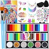 Drawdart Professional Face Painting Kit for Kids Adults, Large Split Cake Face Paint Palette with Glitters, One Stroke Non-Toxic Rainbow Face Body Makeup Kit for Festival, Party & Cosplay Makeup