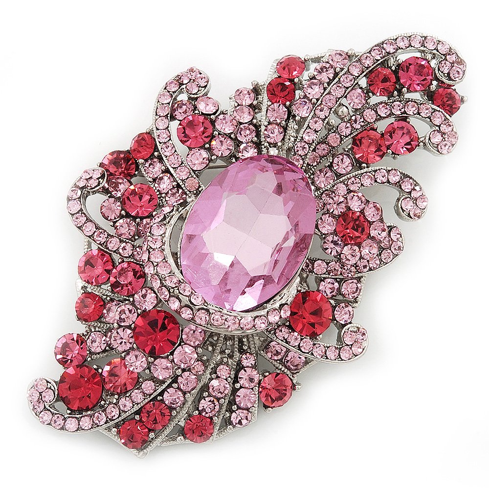 Large Victorian Style Pink/Fuchsia Crystal Brooch In Silver Plating - 10cm Length