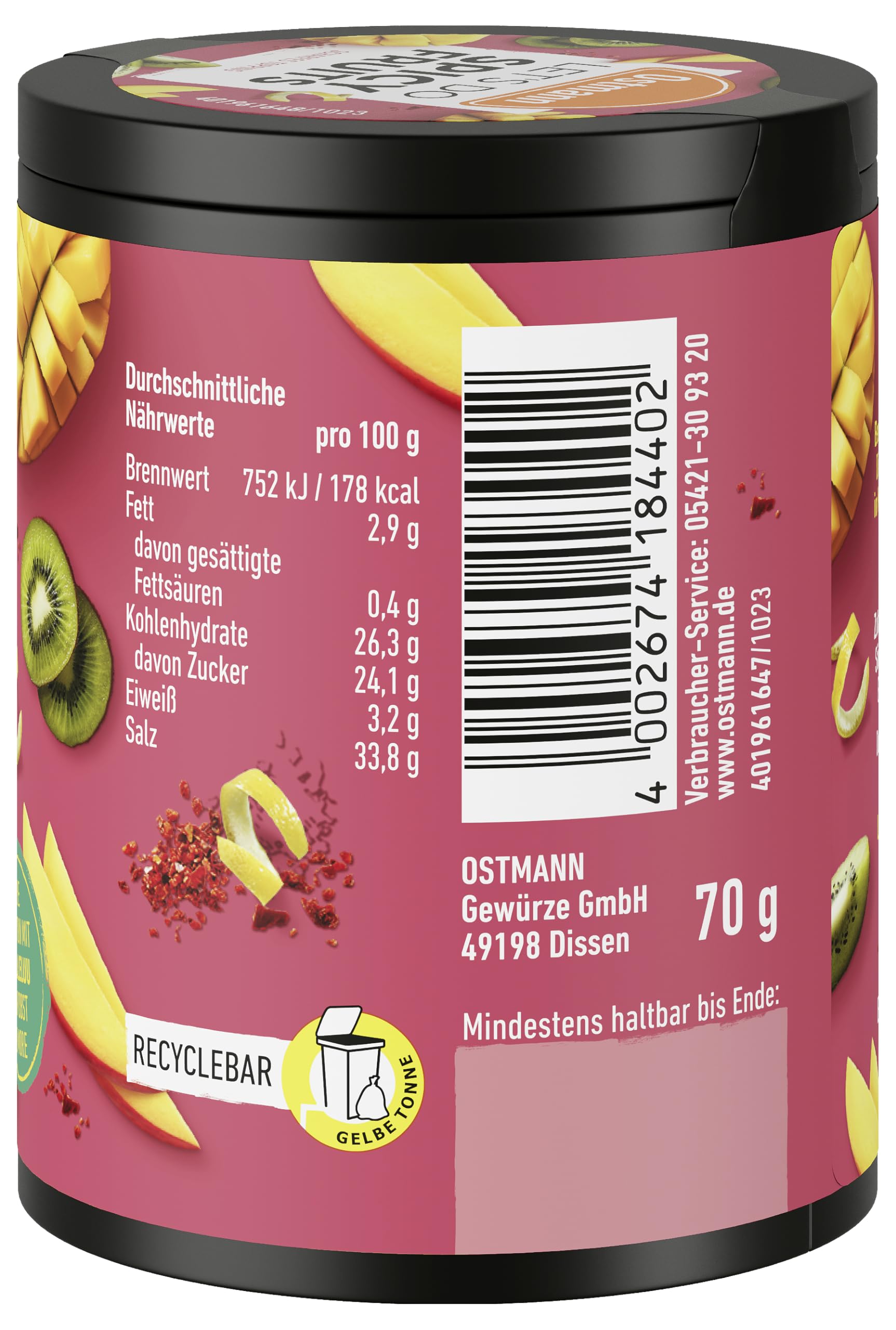 Ostmann Gewürze - Let's Do Spicy Fruits | Würzmischung für süßes Obst kreiert von Lalaleluu | scharfes Obst-Topping mit Chili und Pfeffer, lecker auf Apfel oder Mango | 70 g in recyclebarer Metalldose 3