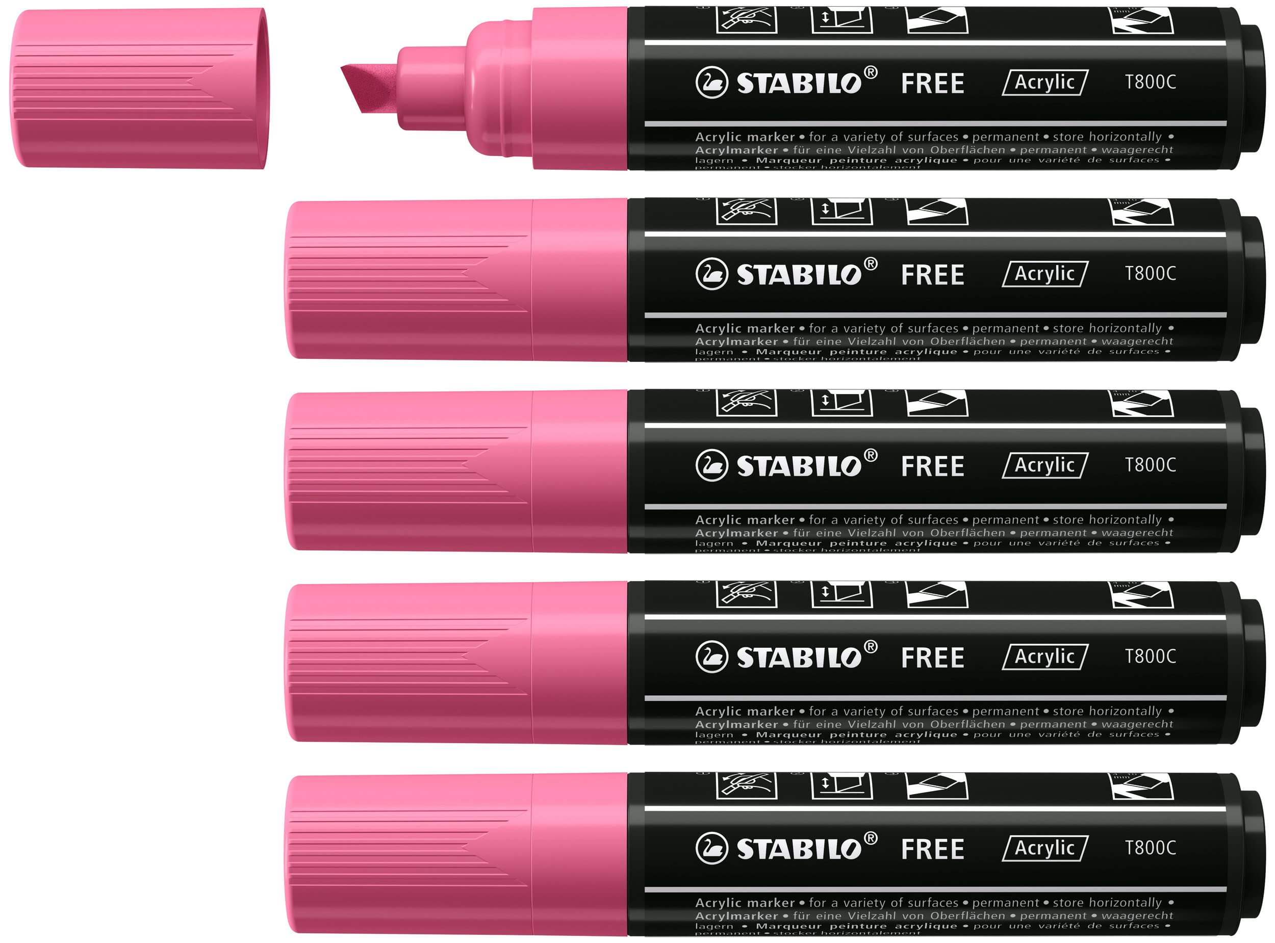 STABILO Acrylic Marker FREE Acrylic - T800C 2-3 mm Bullet Tip - Box of 5 - Taffy Pink