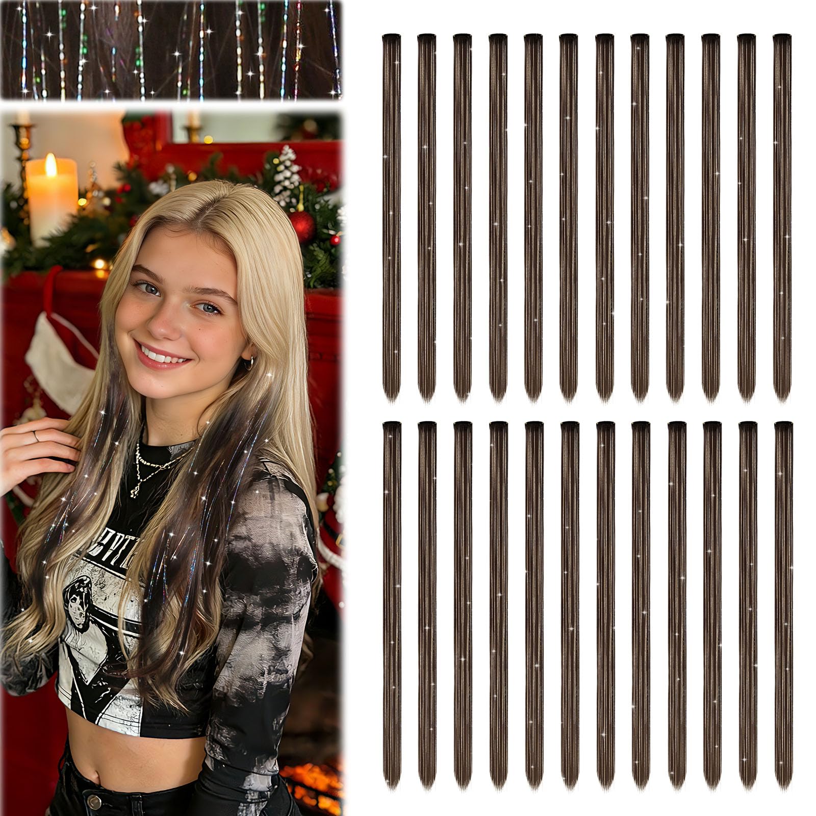 Dreamlover Brown Hair Extensions for Girls, Kids Hair Extensions Clip in with Tinsel, Hairpieces for Women, 24 Pieces — image 1