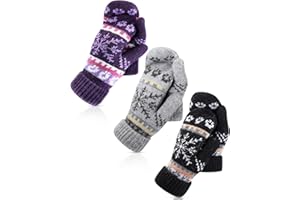 Vicenpal 3 Pairs Mittens for Women Cold Weather Winter Warm Lining Mittens Knit Thick Wool Gloves for Winter Cold Weather