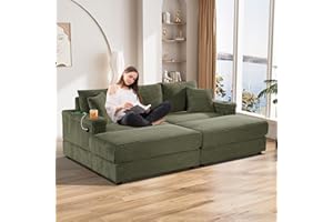 ONEMMLION Oversized Chaise Longue Chair Indoor with Ottoman, 87" W Corduroy Upholstered Modern Deep Seat Sofa Couch with USB Charging Ports⋓ Holder, Comfy Loveseat Sofa for Living Room, Green