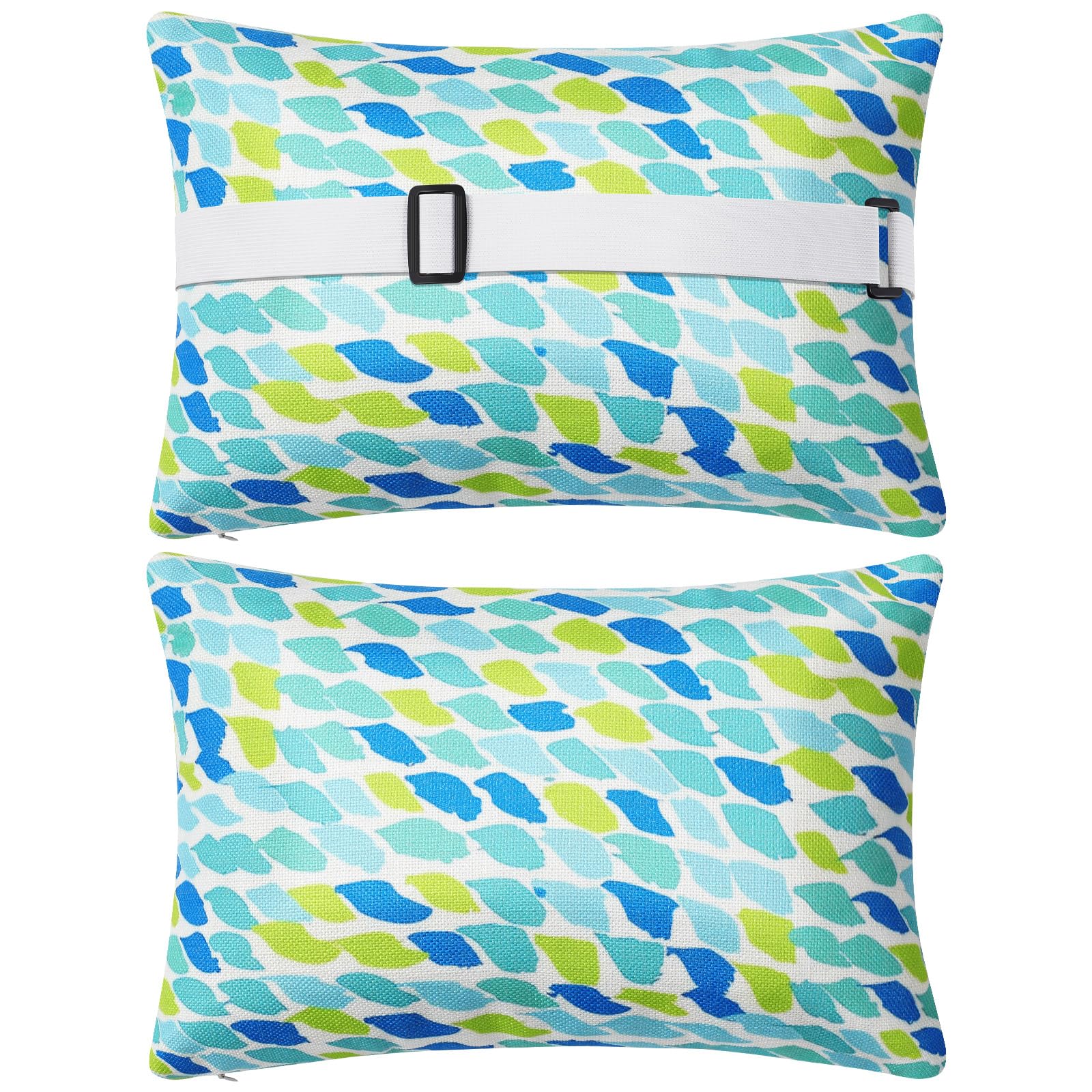 Photo 1 of 2 Pack Lounge Chaise Pillow with Strap 16 x 11 Inches Waterproof Outdoor Beach Chair Pillow Adjustable Elastic Band for Hammock Lumbar Recliner Pillows for Beach Office Chair(Blue Green Pattern)