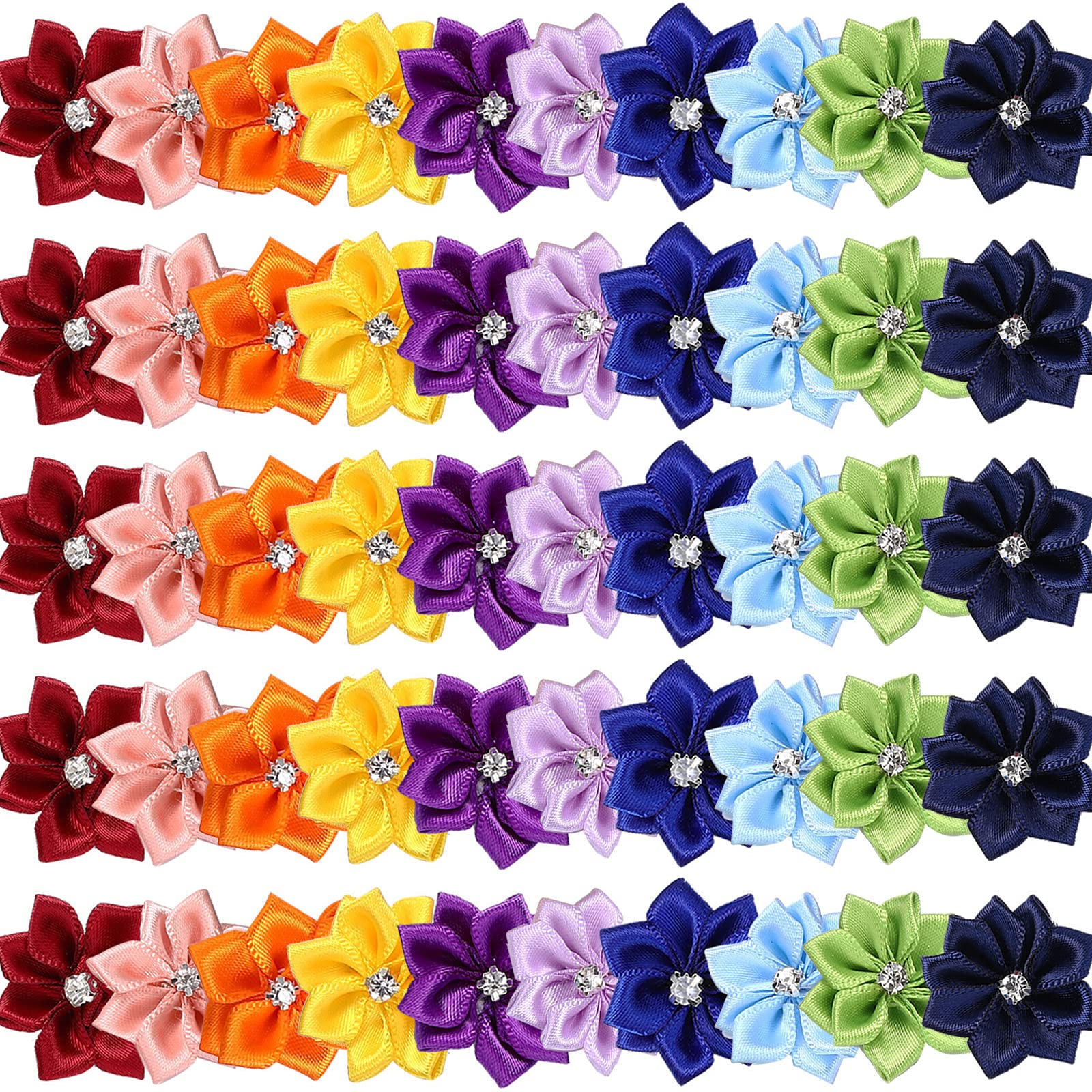 Photo 1 of 50 Pieces Satin Ribbon Flowers Bows 1.18 Inch Rhinestones Flower Sewing Appliques Daisy Flower Heads Wedding Ornament Decor DIY Craft Wreath Present Wrapping (Multi-Color)