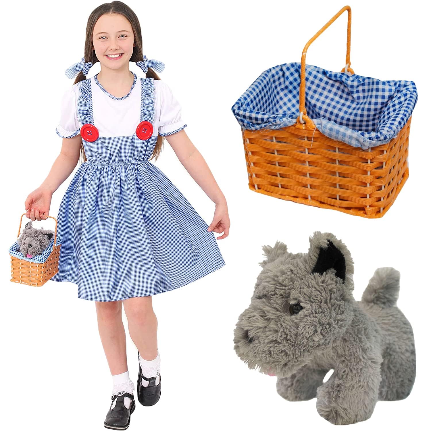 Girls Dorothy Style Costume with Dog in Basket – Blue Gingham Dress Outfit with Matching Hair Ties and Plush Grey Dog – Kansas Storybook World Book Day Fancy Dress — image 1