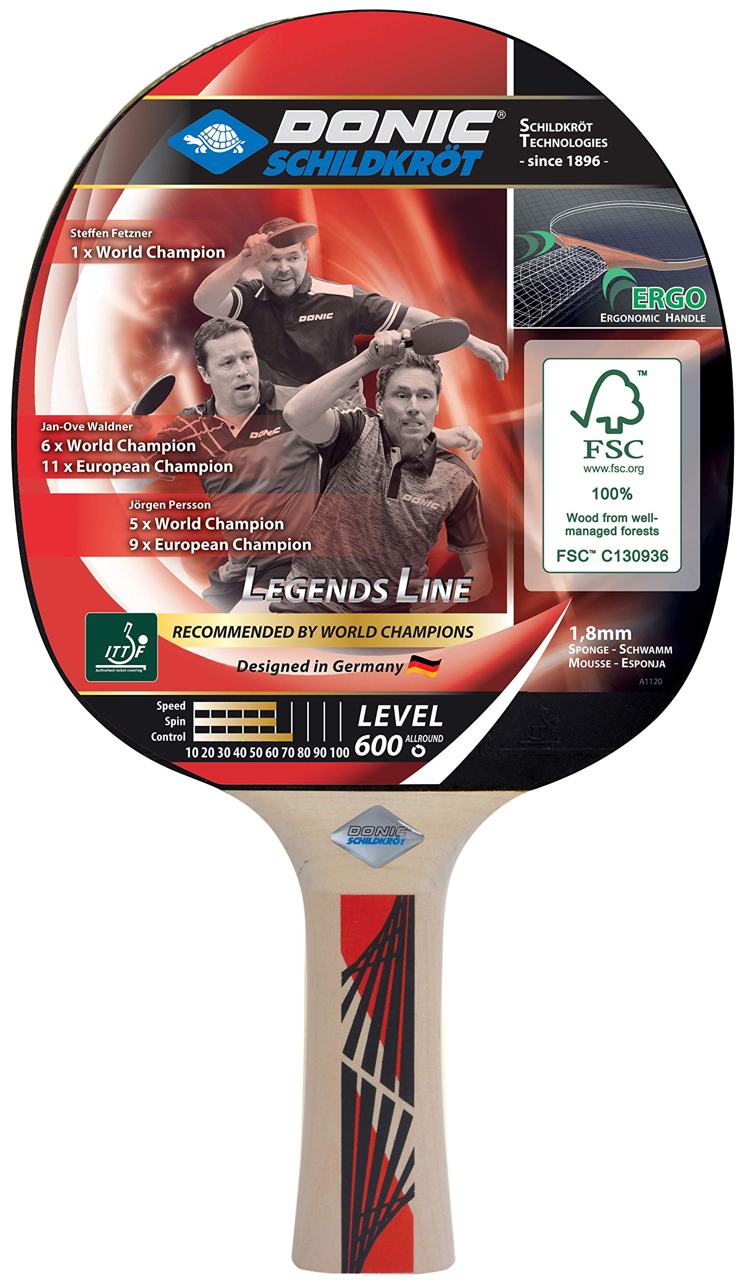 Donic-Schildkröt Legends 600 FSC Table Tennis Bat, Ergo-Grip, 1.8 mm Sponge, FSC Wood, Prestige - ITTF Rubber, 724416