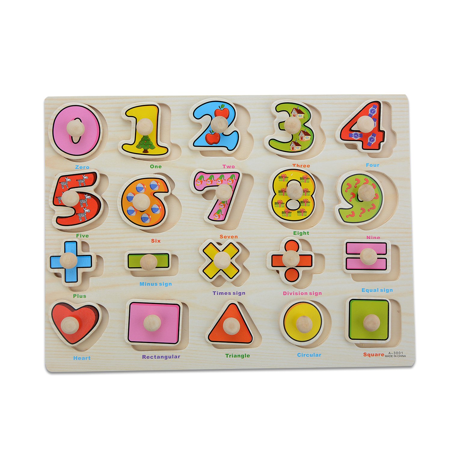 Wooden Jigsaw Peg Puzzle Board Toy, Moonvvin Number Educational Puzzles for Toddlers Learning Math Shapes & Color Recognition Toy