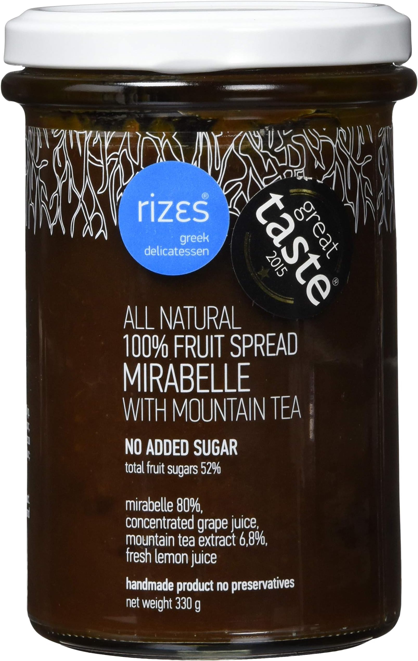 Rizes Greek Delicatessen 100% Fruit Spread Mirabelle with Mountain Tea 330 g - NO added sugar,NO added pectin, NO artificial colours or aromas, NO preservatives