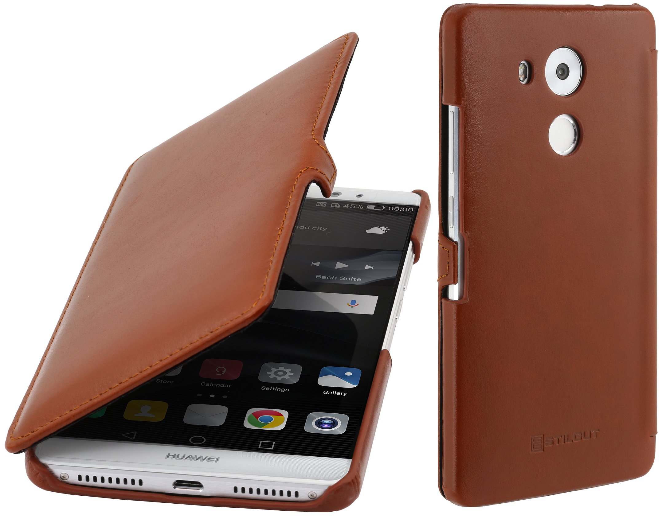 StilGut Book Type with Clip, Genuine Leather Case with Wake/Sleep Function, Cover for Huawei Mate 8 & Huawei Mate 8 Dual SIM, Cognac Brown