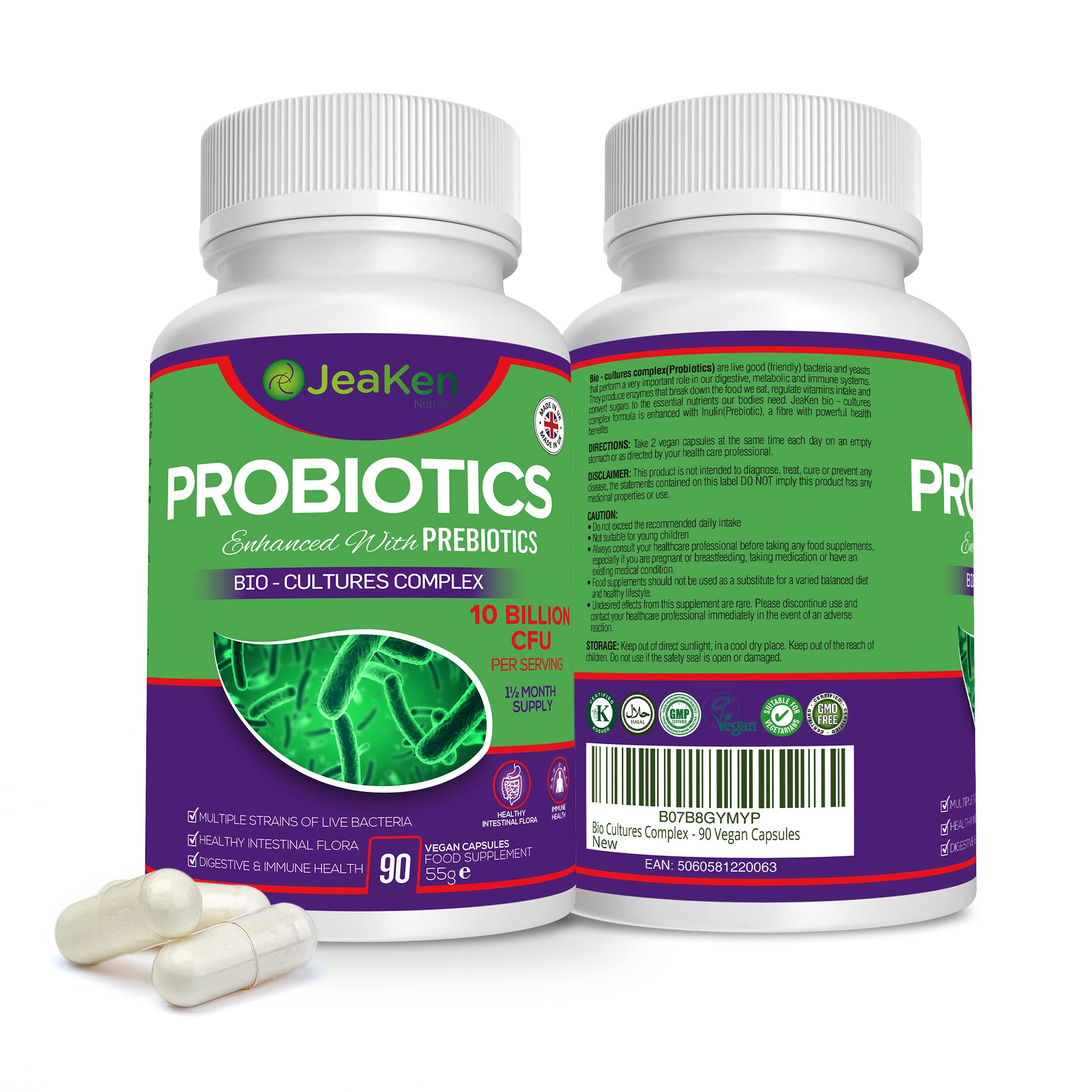 JeaKen PROBIOTICS for Women and Men – Prebiotics-Enriched Probiotics Gut Health Supplement for Digestive Support, Bloating Relief Anti-Bloating Probiotic Complex, 90 Vegan Capsules